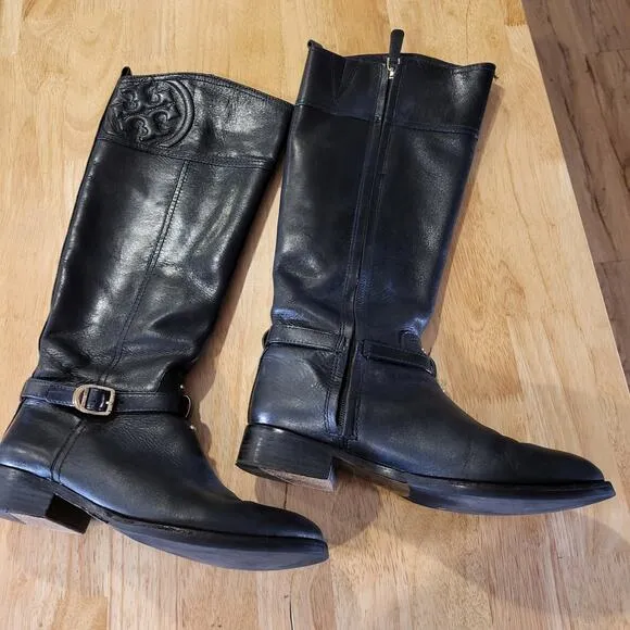 Tory Burch Black Leather Riding Boots Gold Hardware Embossed Stitched 8M