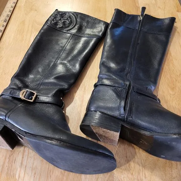 Tory Burch Black Leather Riding Boots Gold Hardware Embossed Stitched 8M