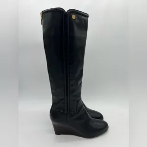 Tory Burch Black Leather Wedge Tall Boots style#31128302 SZ 9