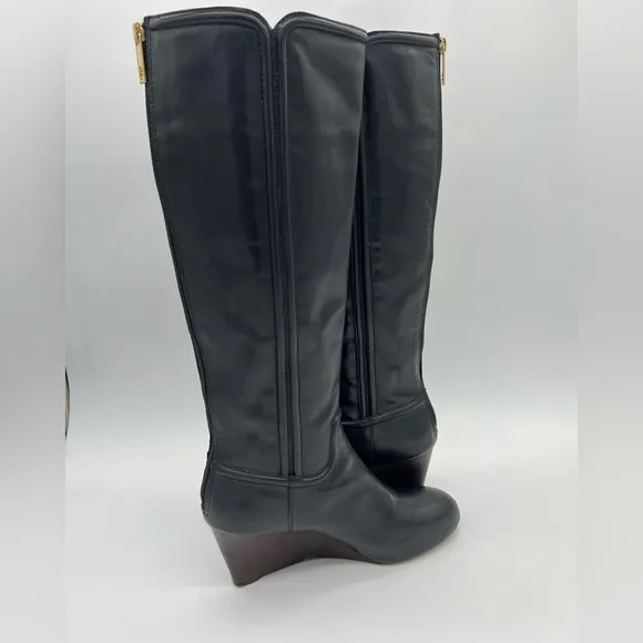 Tory Burch Black Leather Wedge Tall Boots style#31128302 SZ 9