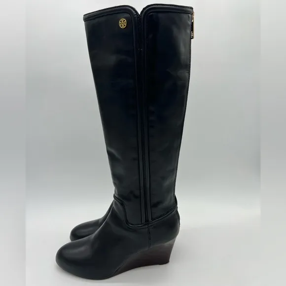 Tory Burch Black Leather Wedge Tall Boots style#31128302 SZ 9