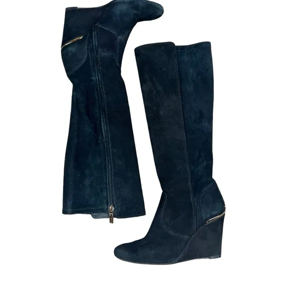 Tory Burch black suede wedge heel high boots SZ 7.5