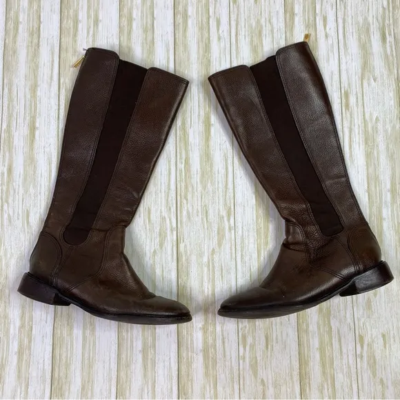 Tory Burch Brown Christy Tumbled Leather Stretch Panel Riding Boots