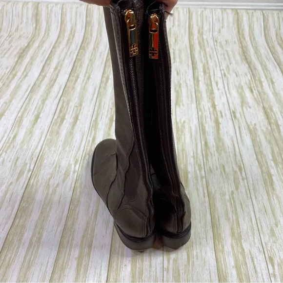 Tory Burch Brown Christy Tumbled Leather Stretch Panel Riding Boots