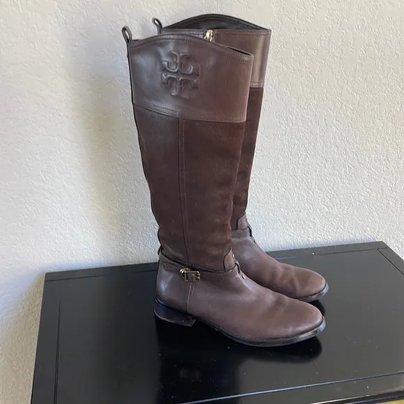 Tory Burch Brown Leather Suede Riding Boots