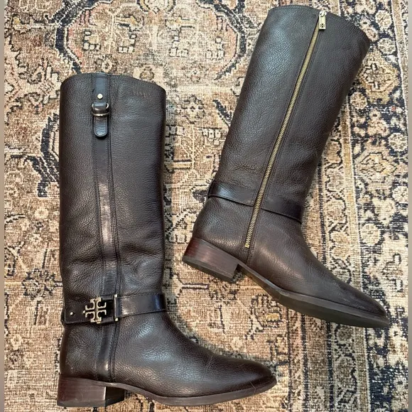 Tory Burch Elina Tall Leather Brown Belted Riding Boots Size 10