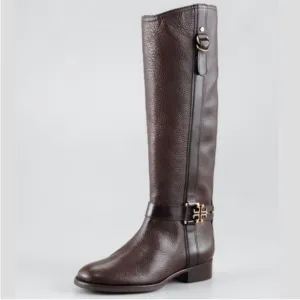 Tory Burch Elina Tall Leather Brown Belted Riding Boots Size 10