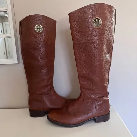 Tory Burch Junction Brown Pebbled Leather Riding Boots Size 9.5