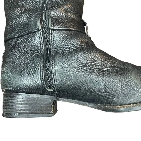 Tory Burch Logo Riding Boots Black Pebbled Leather Size 8