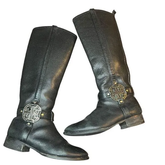Tory Burch Logo Riding Boots Black Pebbled Leather Size 8