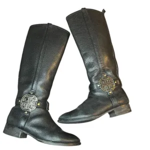 Tory Burch Logo Riding Boots Black Pebbled Leather Size 8