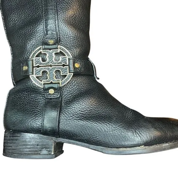 Tory Burch Logo Riding Boots Black Pebbled Leather Size 8