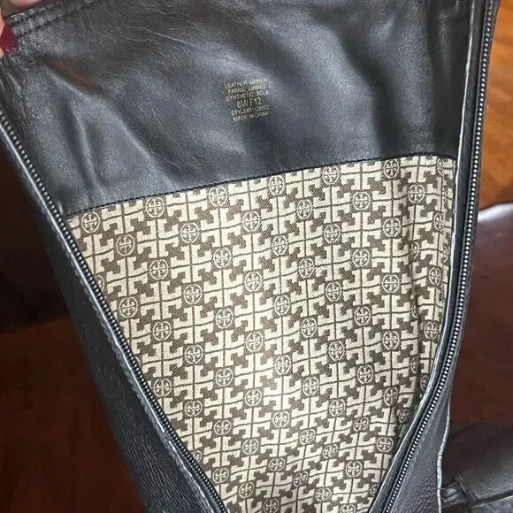 Tory Burch Logo Riding Boots Black Pebbled Leather Size 8