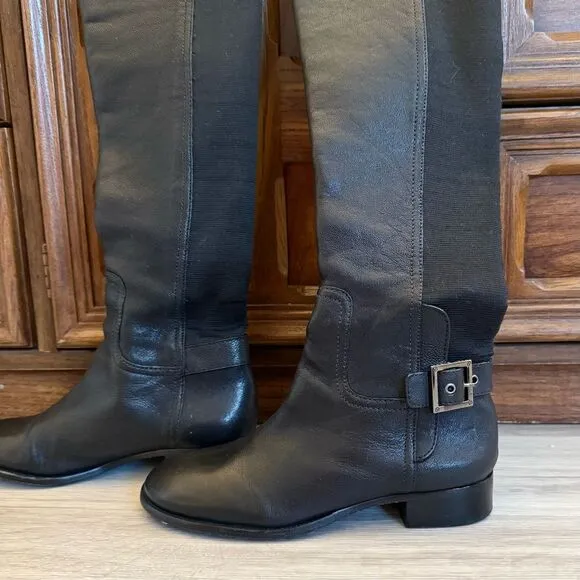 Tory Burch Tall Leather Stretchy Boots Knee High Black 7.5