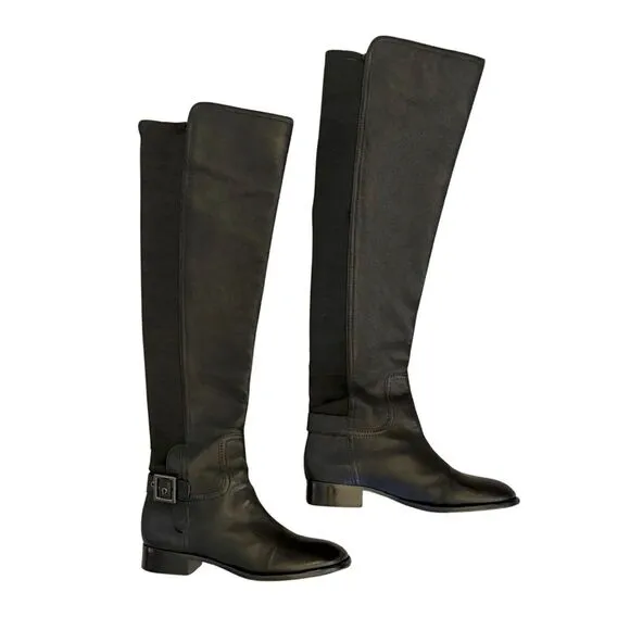 Tory Burch Tall Leather Stretchy Boots Knee High Black 7.5