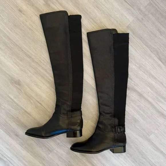 Tory Burch Tall Leather Stretchy Boots Knee High Black 7.5