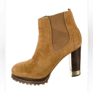 TORY BURCH Virginia Booties Suede Luggage Brown US 7.5 Chelsea Pull On Heels