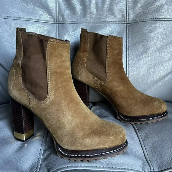 TORY BURCH Virginia Booties Suede Luggage Brown US 7.5 Chelsea Pull On Heels