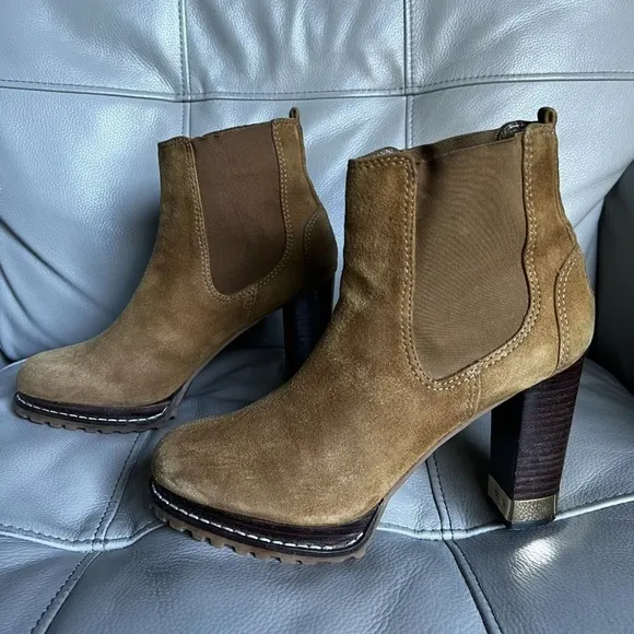 TORY BURCH Virginia Booties Suede Luggage Brown US 7.5 Chelsea Pull On Heels