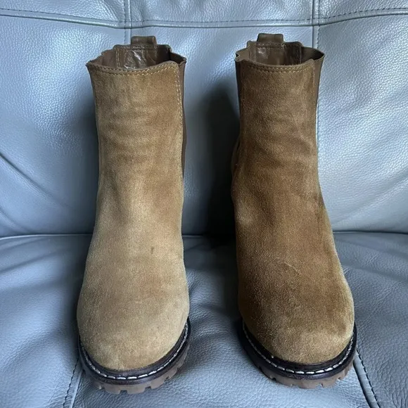 TORY BURCH Virginia Booties Suede Luggage Brown US 7.5 Chelsea Pull On Heels