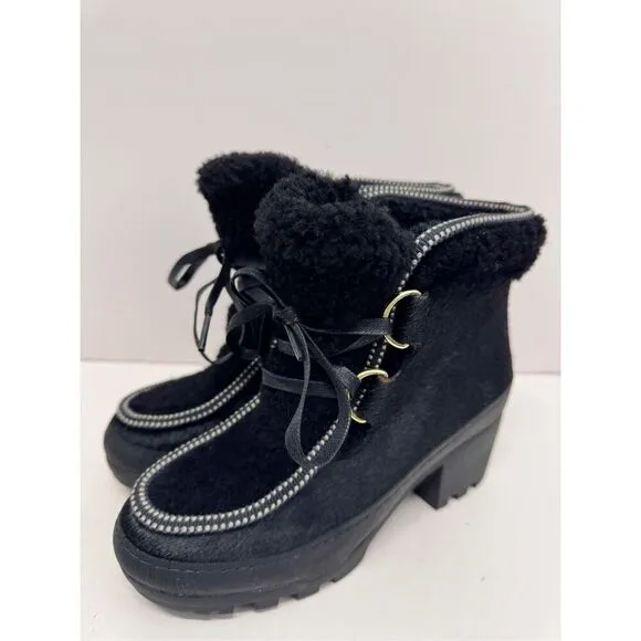 Tory Burch Winter Boots Size 6 Black Shearling Berkley Bootie Block Heel Lace Up