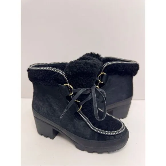 Tory Burch Winter Boots Size 6 Black Shearling Berkley Bootie Block Heel Lace Up