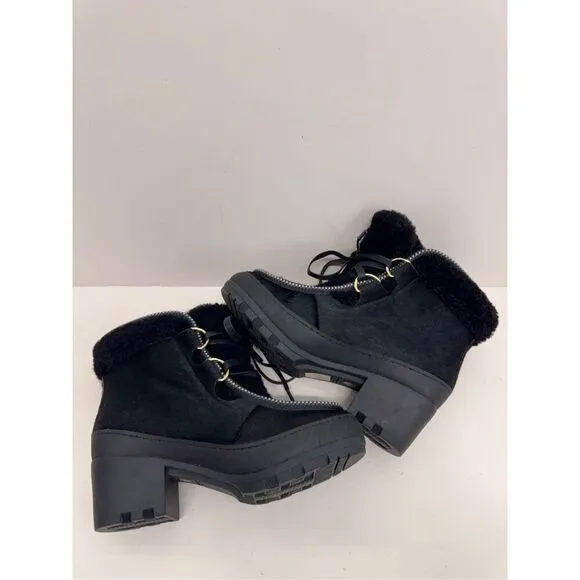 Tory Burch Winter Boots Size 6 Black Shearling Berkley Bootie Block Heel Lace Up