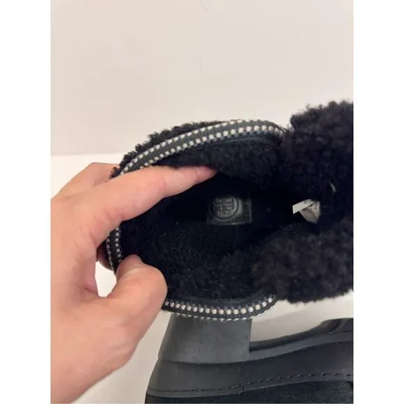 Tory Burch Winter Boots Size 6 Black Shearling Berkley Bootie Block Heel Lace Up