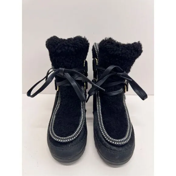 Tory Burch Winter Boots Size 6 Black Shearling Berkley Bootie Block Heel Lace Up