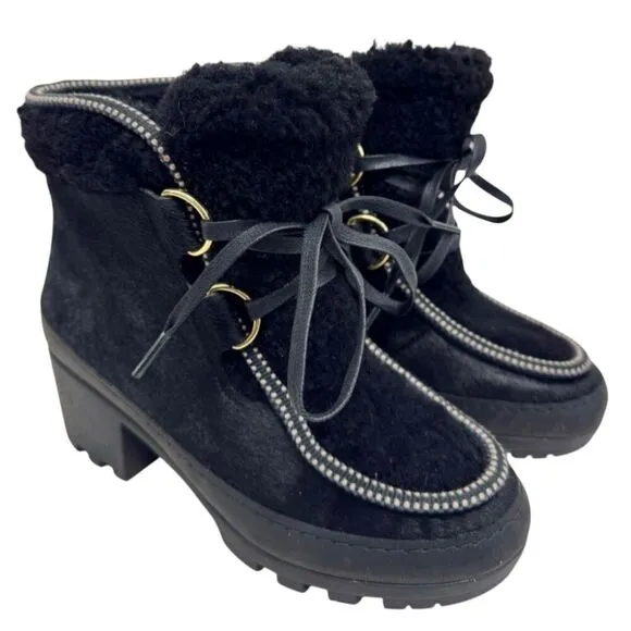 Tory Burch Winter Boots Size 6 Black Shearling Berkley Bootie Block Heel Lace Up