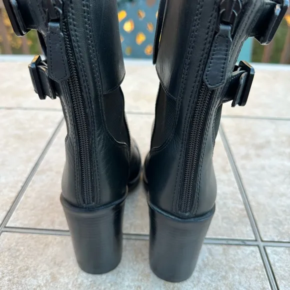 Tory Burch women combat boots black riding biker lace buckles