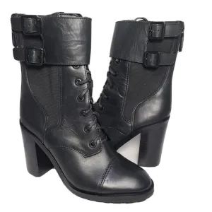 Tory Burch women combat boots black riding biker lace buckles