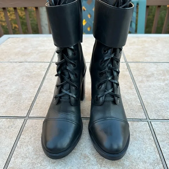 Tory Burch women combat boots black riding biker lace buckles
