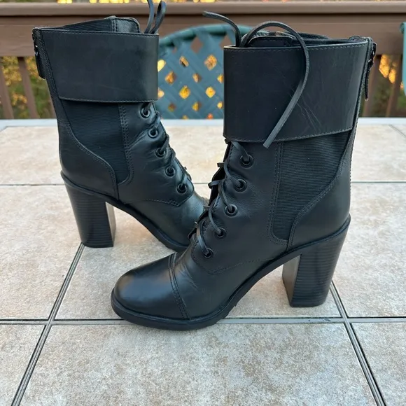 Tory Burch women combat boots black riding biker lace buckles