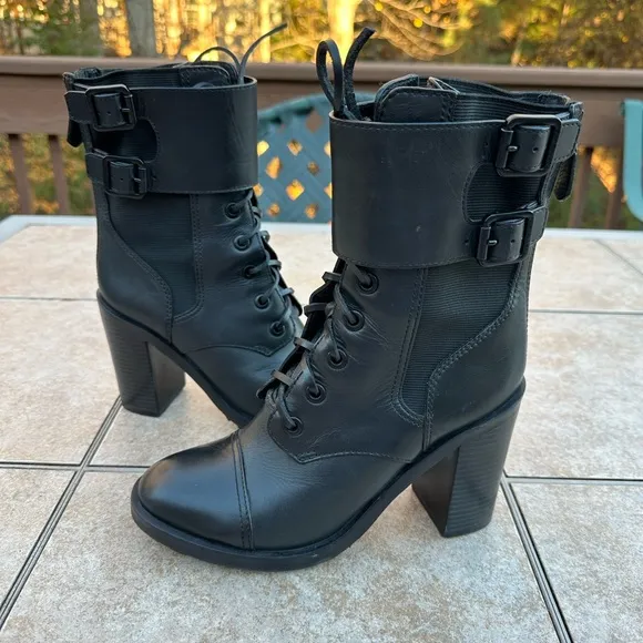 Tory Burch women combat boots black riding biker lace buckles