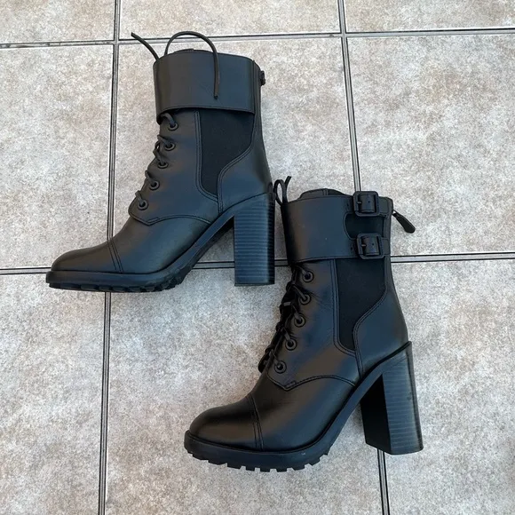 Tory Burch women combat boots black riding biker lace buckles