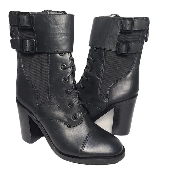 Tory Burch women combat boots black riding biker lace buckles