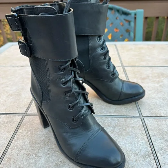 Tory Burch women combat boots black riding biker lace buckles