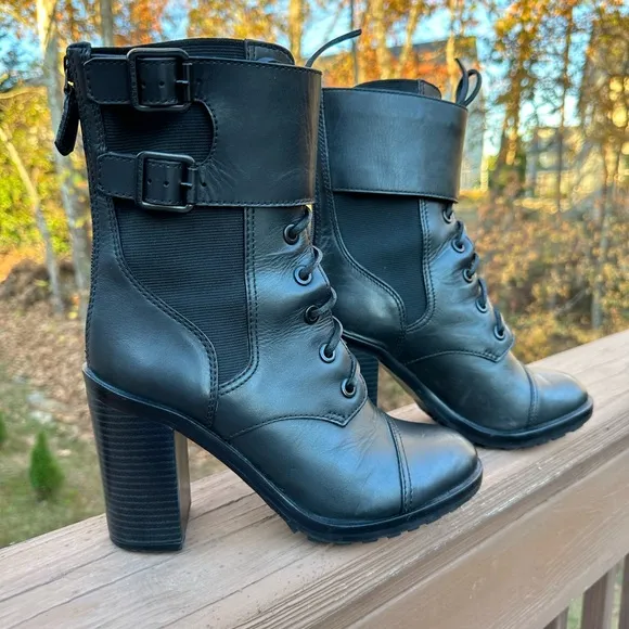 Tory Burch women combat boots black riding biker lace buckles