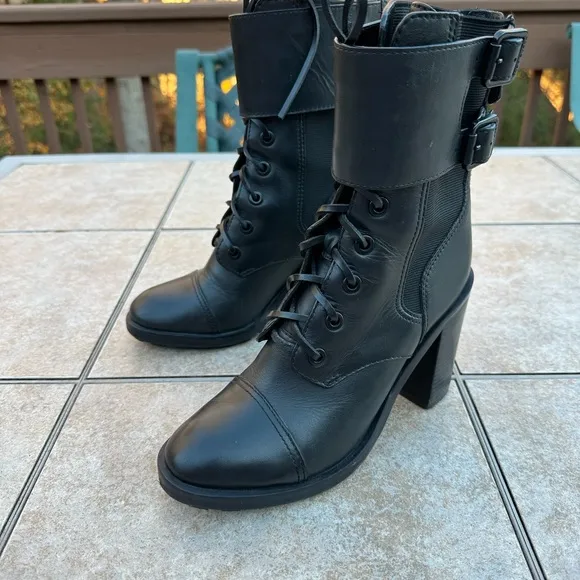 Tory Burch women combat boots black riding biker lace buckles