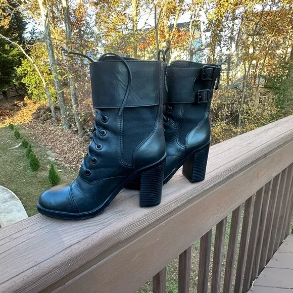 Tory Burch women combat boots black riding biker lace buckles