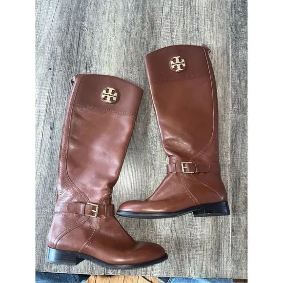 Tory Burch Brown Adeline Leather Riding Boots Women's 7.5