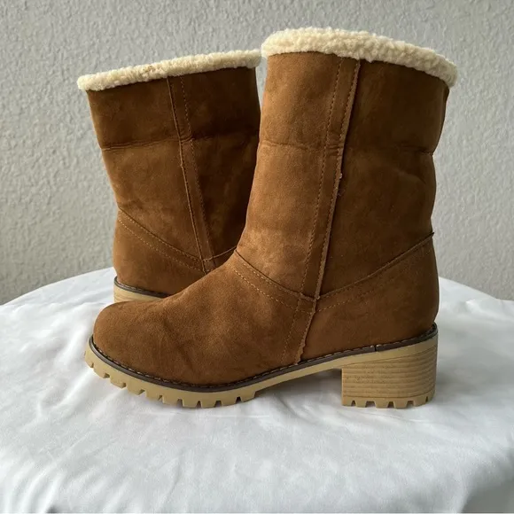 TSQ2 Women's Brown Short Winter Fleece Block Heeled Boots Size 8.5 - Brand New
