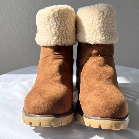TSQ2 Women's Brown Short Winter Fleece Block Heeled Boots Size 8.5 - Brand New