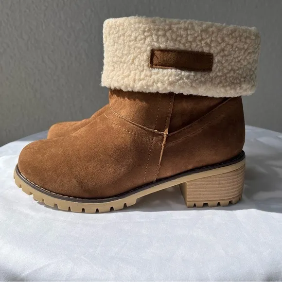 TSQ2 Women's Brown Short Winter Fleece Block Heeled Boots Size 8.5 - Brand New