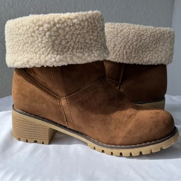 TSQ2 Women's Brown Short Winter Fleece Block Heeled Boots Size 8.5 - Brand New