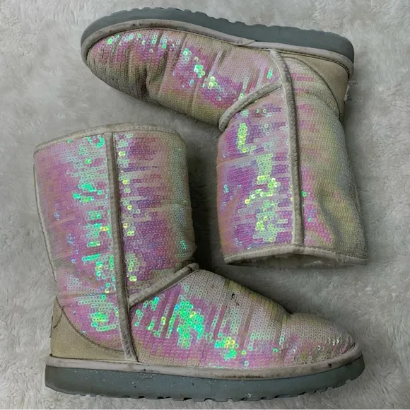 Ugg 1003511 Women’s White Iridescent Sparkle Sequins Classic Boots Size 9
