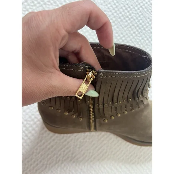 UGG Adriana Wedge Fringe STUDS Leather Ankle Boot SAHARA TAN Boho Bohemian US 9