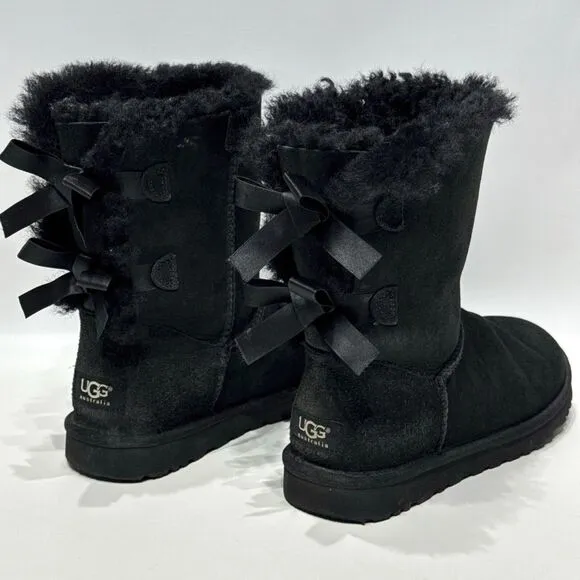 UGG Australia Bailey Bow II Black Suede Shearling Winter Boots Women's Size 6