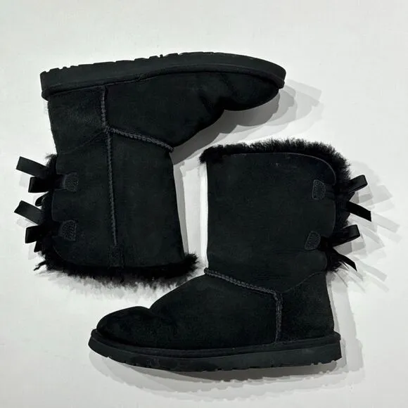 UGG Australia Bailey Bow II Black Suede Shearling Winter Boots Women's Size 6